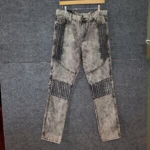 WT02 Mens Jeans 32x32 Gray Black Acid Wash Textured Panel Moto Biker Denim
